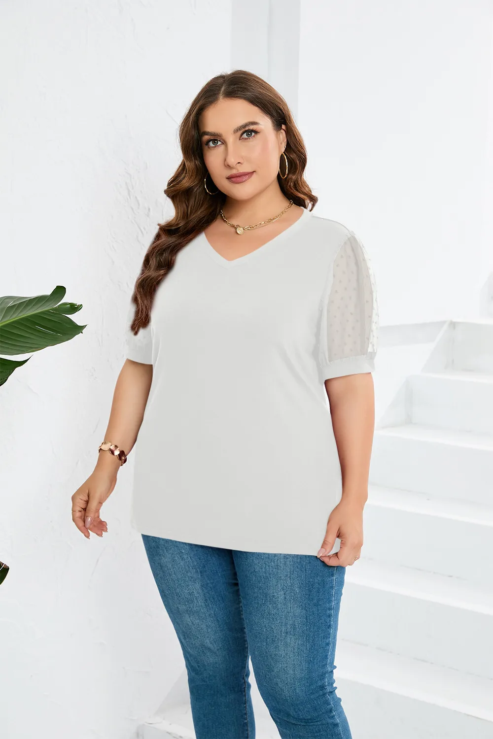 Fashion Style Women's T-shirt Pure Color Mesh Short Sleeve V-neck Puff Sleeve Mid-Length Cotton Street Fashion Tops display picture 23