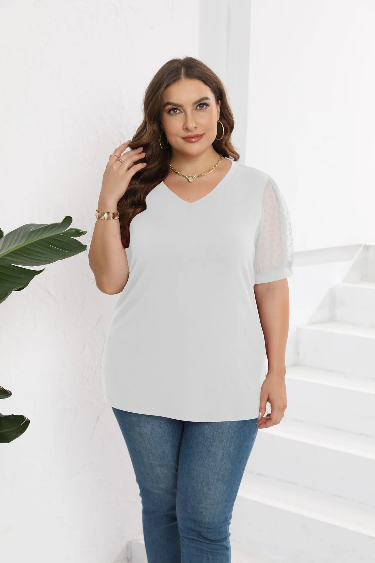 Fashion Style Women's T-shirt Pure Color Mesh Short Sleeve V-neck Puff Sleeve Mid-Length Cotton Street Fashion Tops display picture 25