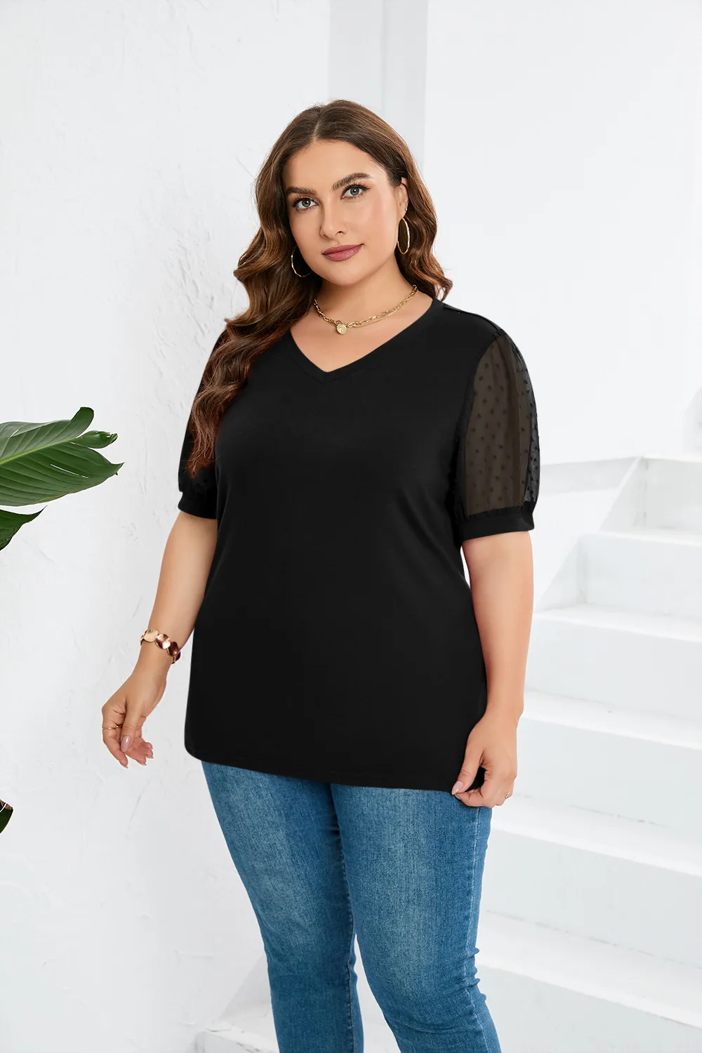 Fashion Style Women's T-shirt Pure Color Mesh Short Sleeve V-neck Puff Sleeve Mid-Length Cotton Street Fashion Tops display picture 26