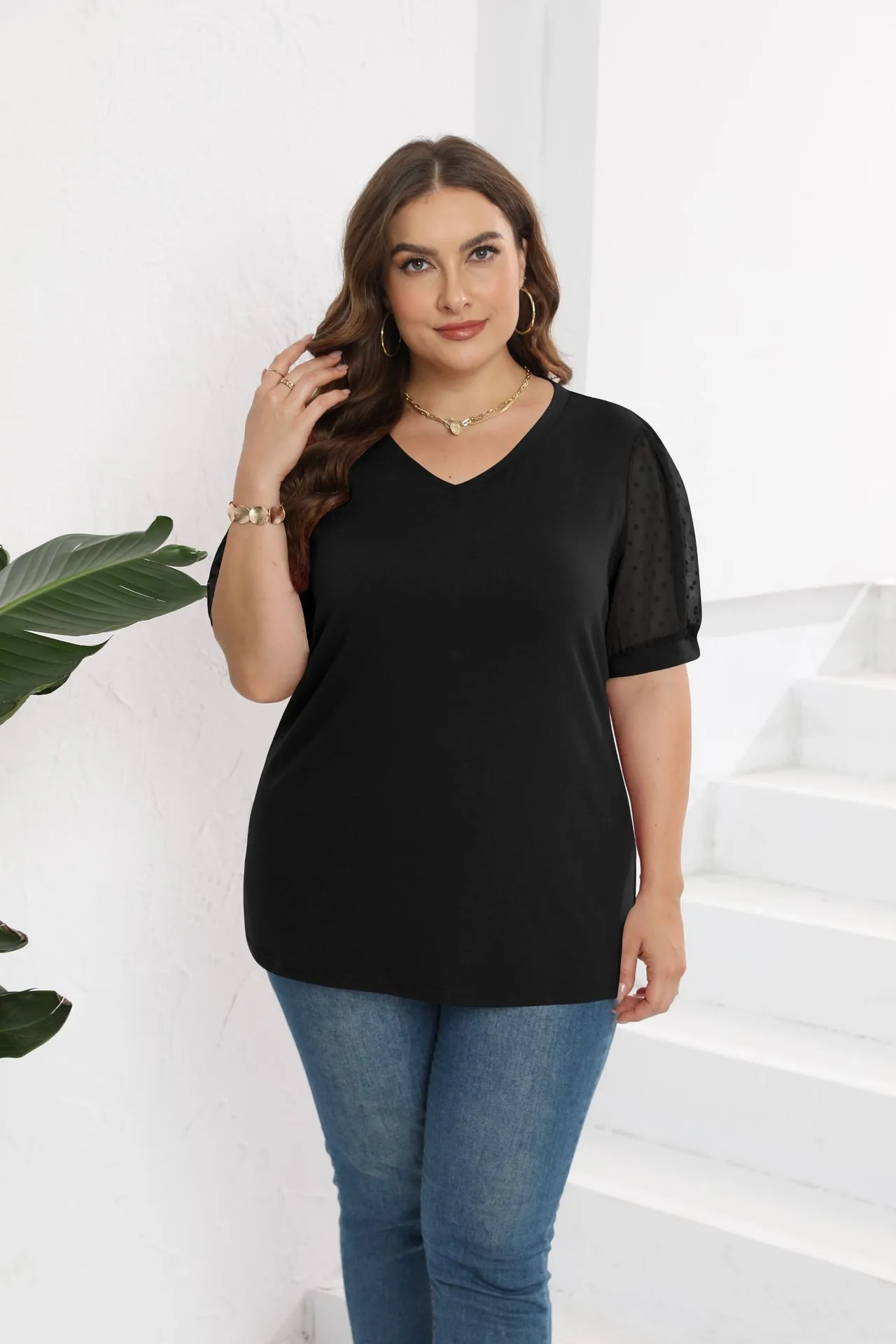 Fashion Style Women's T-shirt Pure Color Mesh Short Sleeve V-neck Puff Sleeve Mid-Length Cotton Street Fashion Tops display picture 29