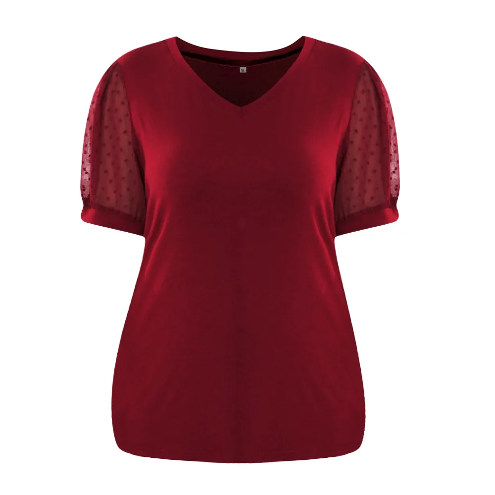 Fashion Style Women's T-shirt Pure Color Mesh Short Sleeve V-neck Puff Sleeve Mid-Length Cotton Street Fashion Tops display picture 31