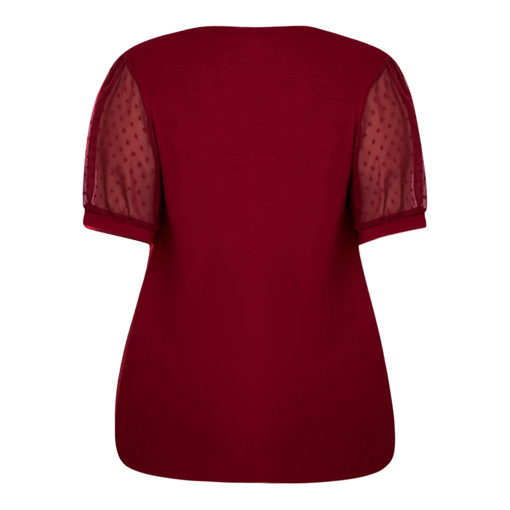 Fashion Style Women's T-shirt Pure Color Mesh Short Sleeve V-neck Puff Sleeve Mid-Length Cotton Street Fashion Tops display picture 32