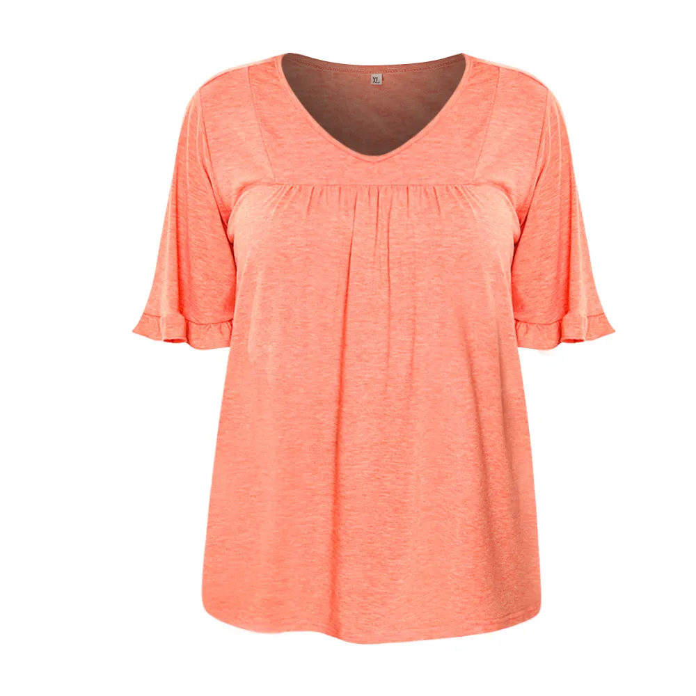Casual Loose-Fitting Women's V-neck T-shirt  Style Fresh Sweet Short Sleeve Pleated Hem Lace Short-Sleeved Casual Top display picture 12