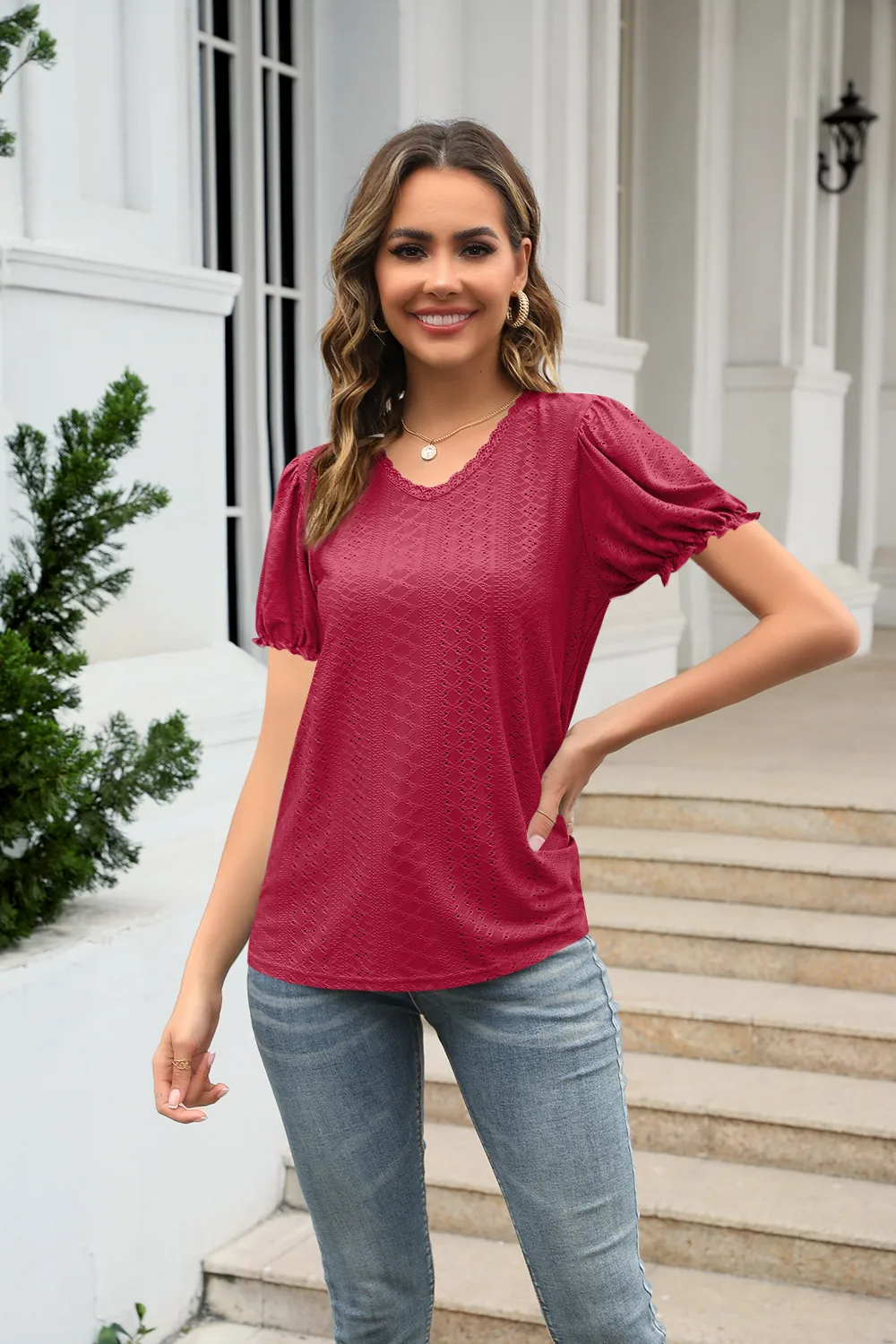 Summer  Women's European T-shirt V-neck Stitching Flanging Short Sleeve Fresh Sweet Style Polyester Fabric Regular Sleeve display picture 27