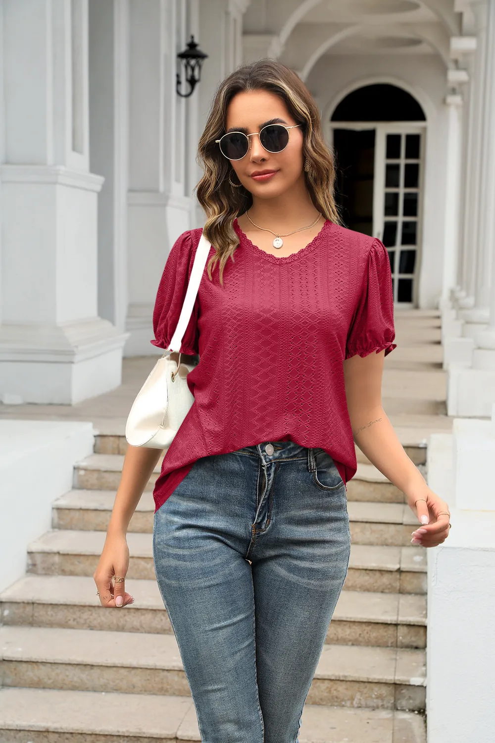 Summer  Women's European T-shirt V-neck Stitching Flanging Short Sleeve Fresh Sweet Style Polyester Fabric Regular Sleeve display picture 30