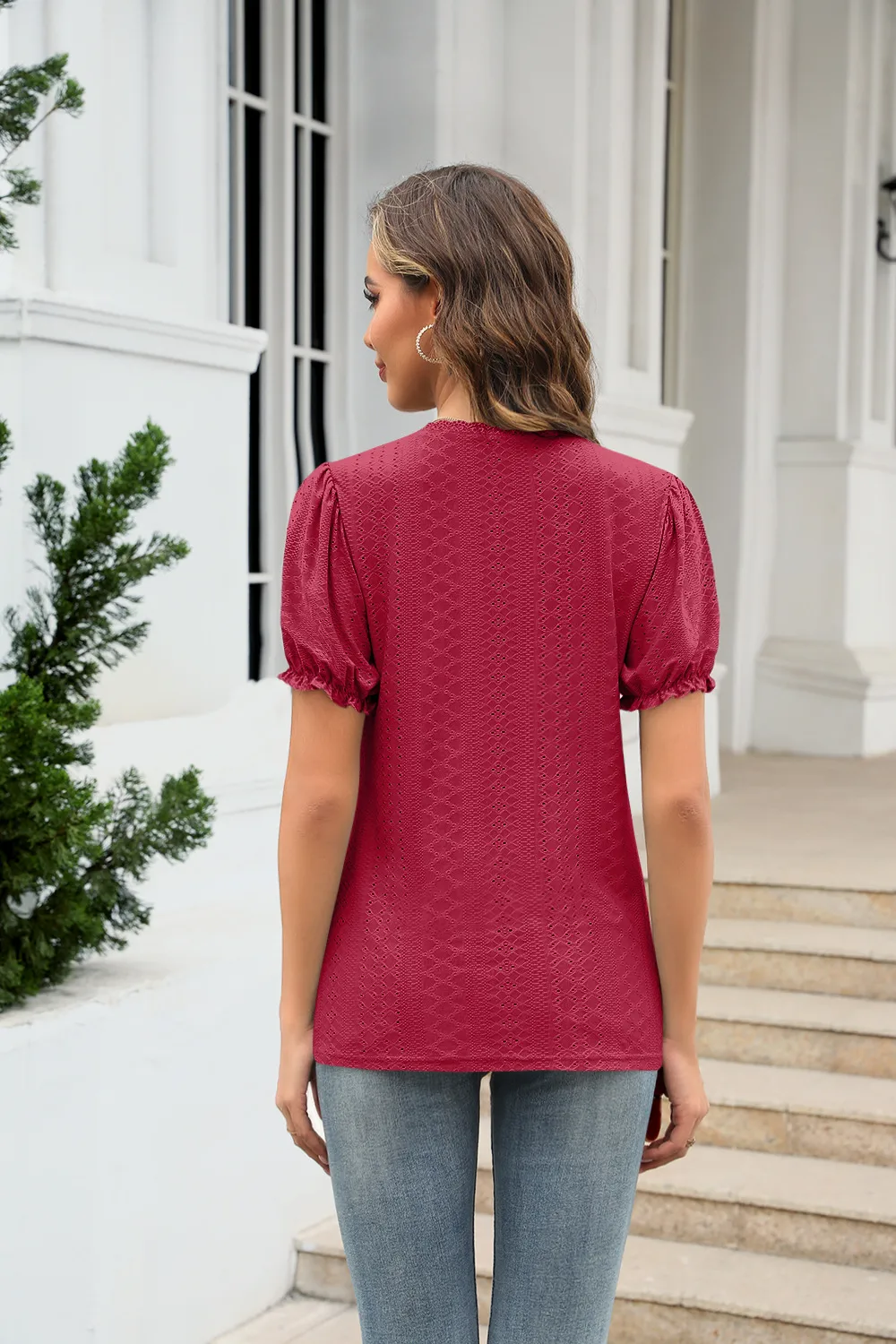 Summer  Women's European T-shirt V-neck Stitching Flanging Short Sleeve Fresh Sweet Style Polyester Fabric Regular Sleeve display picture 31
