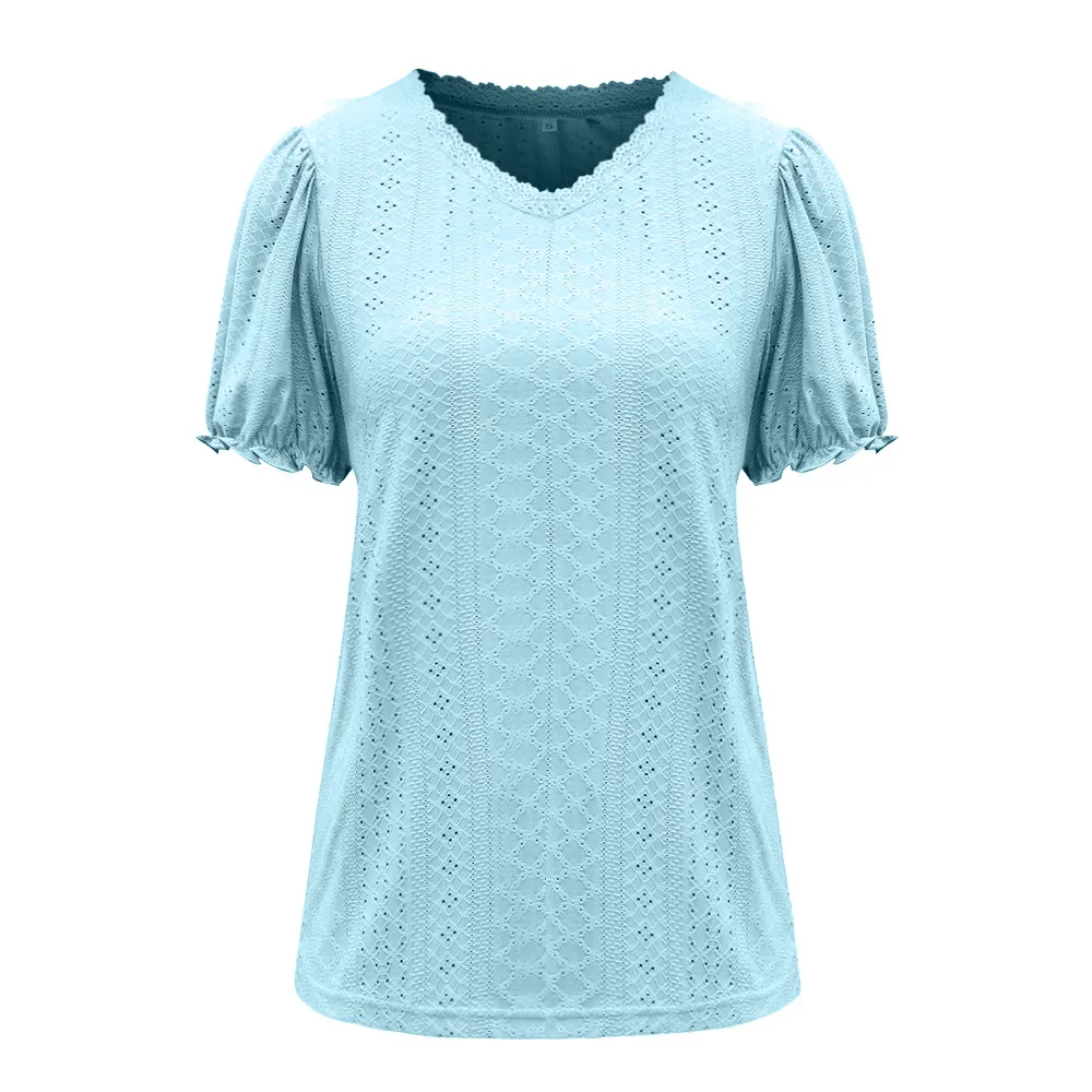 Summer  Women's European T-shirt V-neck Stitching Flanging Short Sleeve Fresh Sweet Style Polyester Fabric Regular Sleeve display picture 32