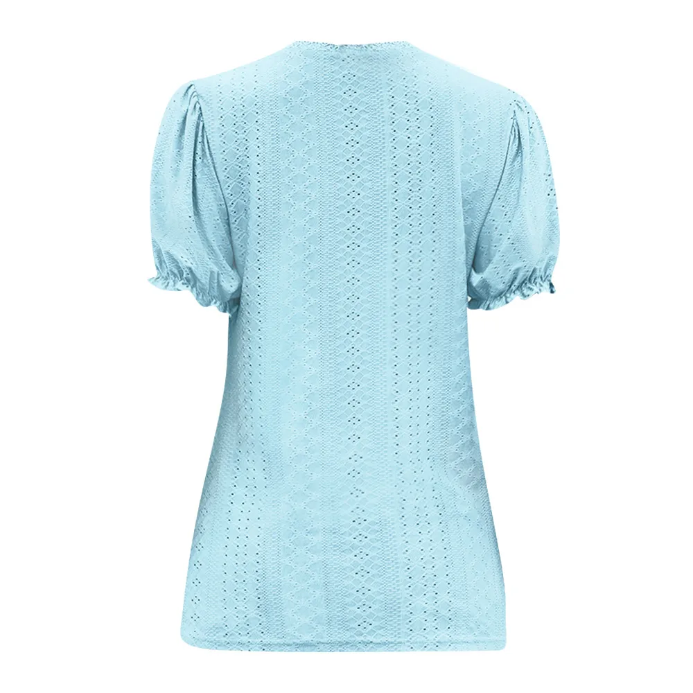 Summer  Women's European T-shirt V-neck Stitching Flanging Short Sleeve Fresh Sweet Style Polyester Fabric Regular Sleeve display picture 33