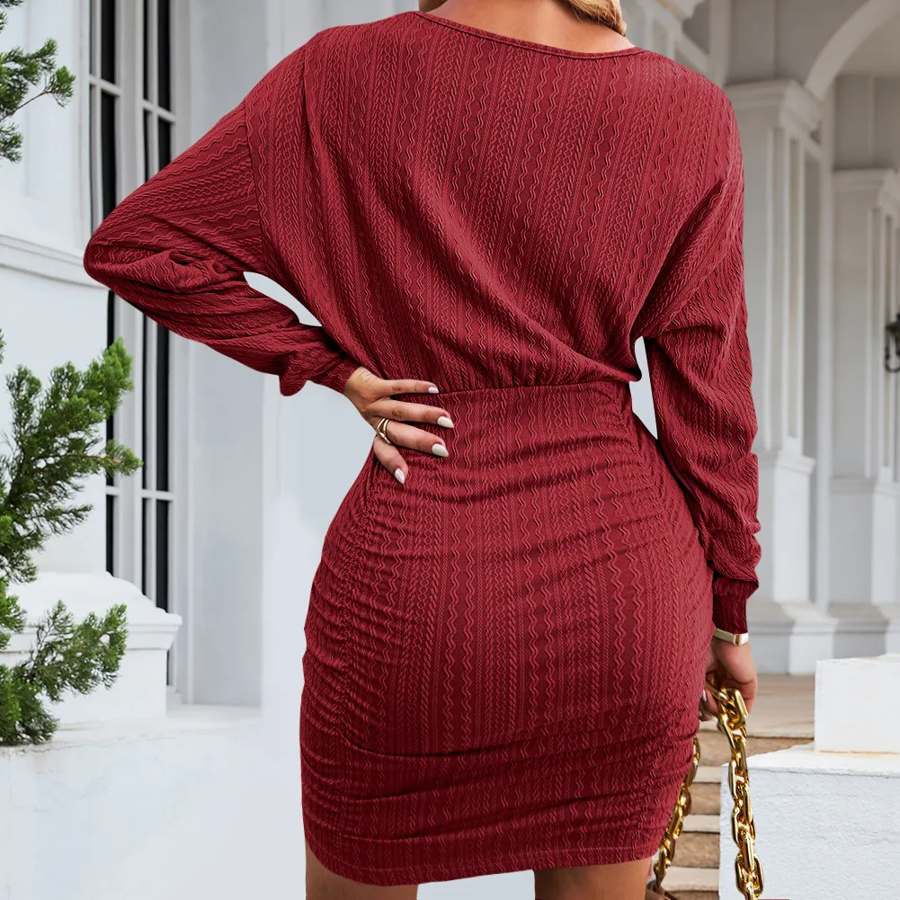 Winter Knitting Wrap Dress Women's All-Match Off-Shoulder Dress Saddle Bag Style Long Sleeve Round Neck Mini Dress Fresh Sweet Style display picture 19