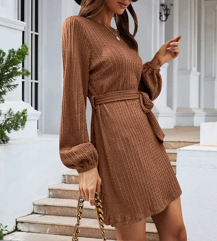 Autumn And Winter New Casual Knitted Dress European Ladies Fashion Belt Long Sleeve Twist-Knot Ruffles Ankle-Length Dress display picture 4