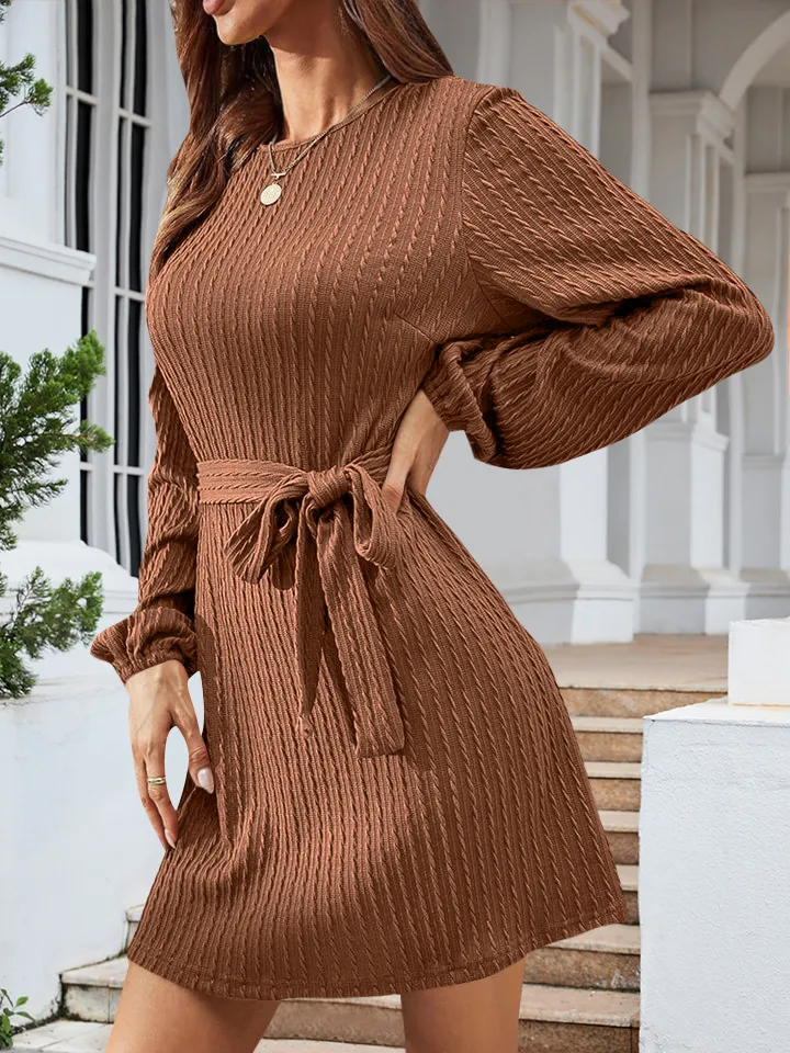 Autumn And Winter New Casual Knitted Dress European Ladies Fashion Belt Long Sleeve Twist-Knot Ruffles Ankle-Length Dress display picture 5