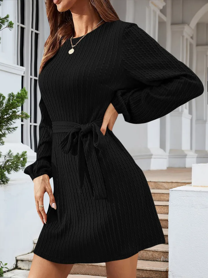 Autumn And Winter New Casual Knitted Dress European Ladies Fashion Belt Long Sleeve Twist-Knot Ruffles Ankle-Length Dress display picture 13
