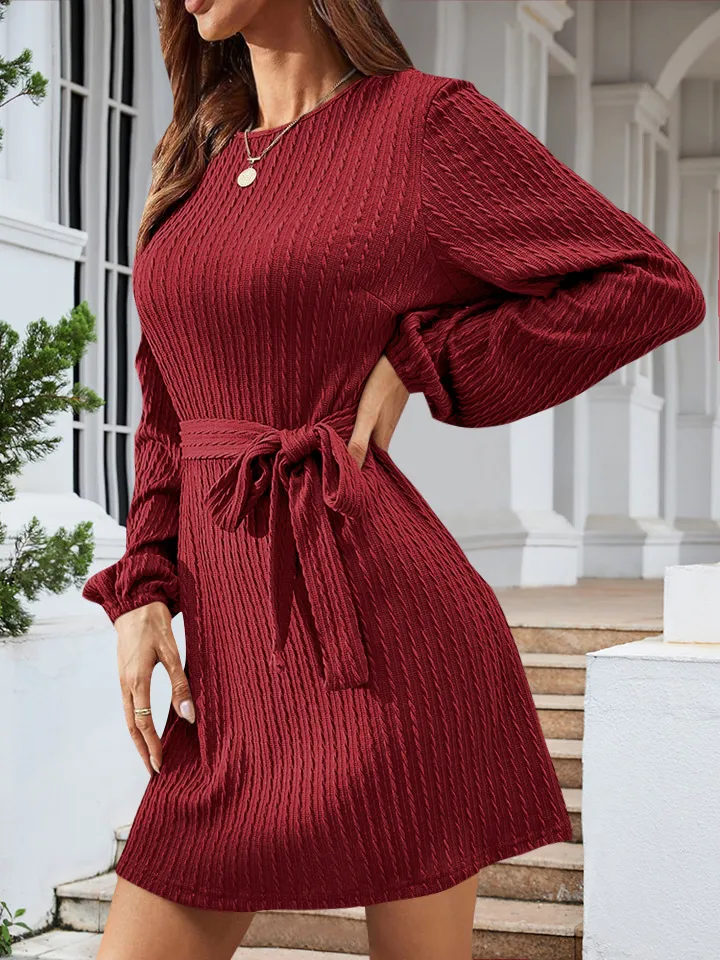 Autumn And Winter New Casual Knitted Dress European Ladies Fashion Belt Long Sleeve Twist-Knot Ruffles Ankle-Length Dress display picture 18
