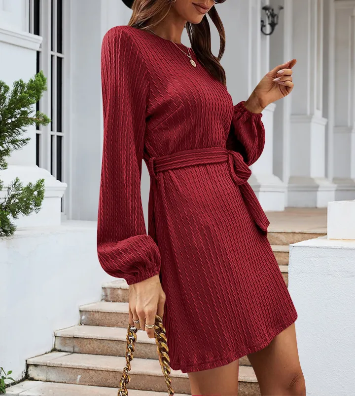 Autumn And Winter New Casual Knitted Dress European Ladies Fashion Belt Long Sleeve Twist-Knot Ruffles Ankle-Length Dress display picture 20