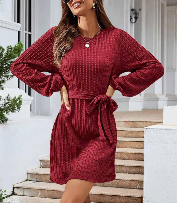 Autumn And Winter New Casual Knitted Dress European Ladies Fashion Belt Long Sleeve Twist-Knot Ruffles Ankle-Length Dress display picture 21