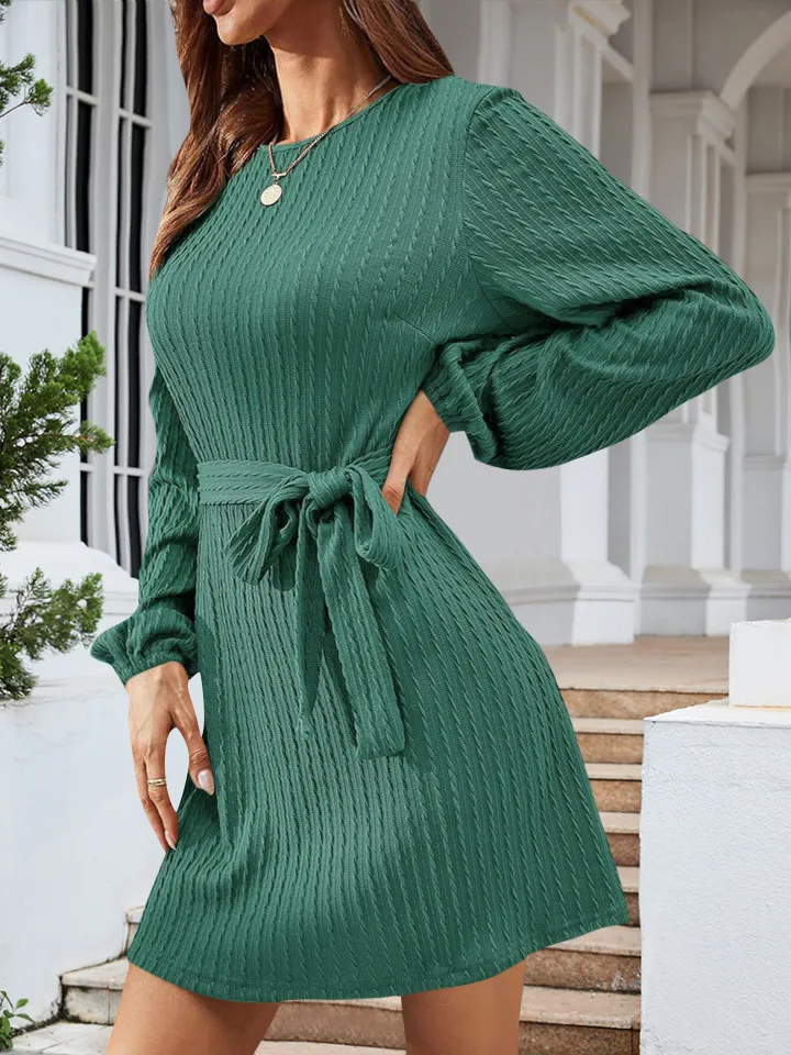 Autumn And Winter New Casual Knitted Dress European Ladies Fashion Belt Long Sleeve Twist-Knot Ruffles Ankle-Length Dress display picture 23