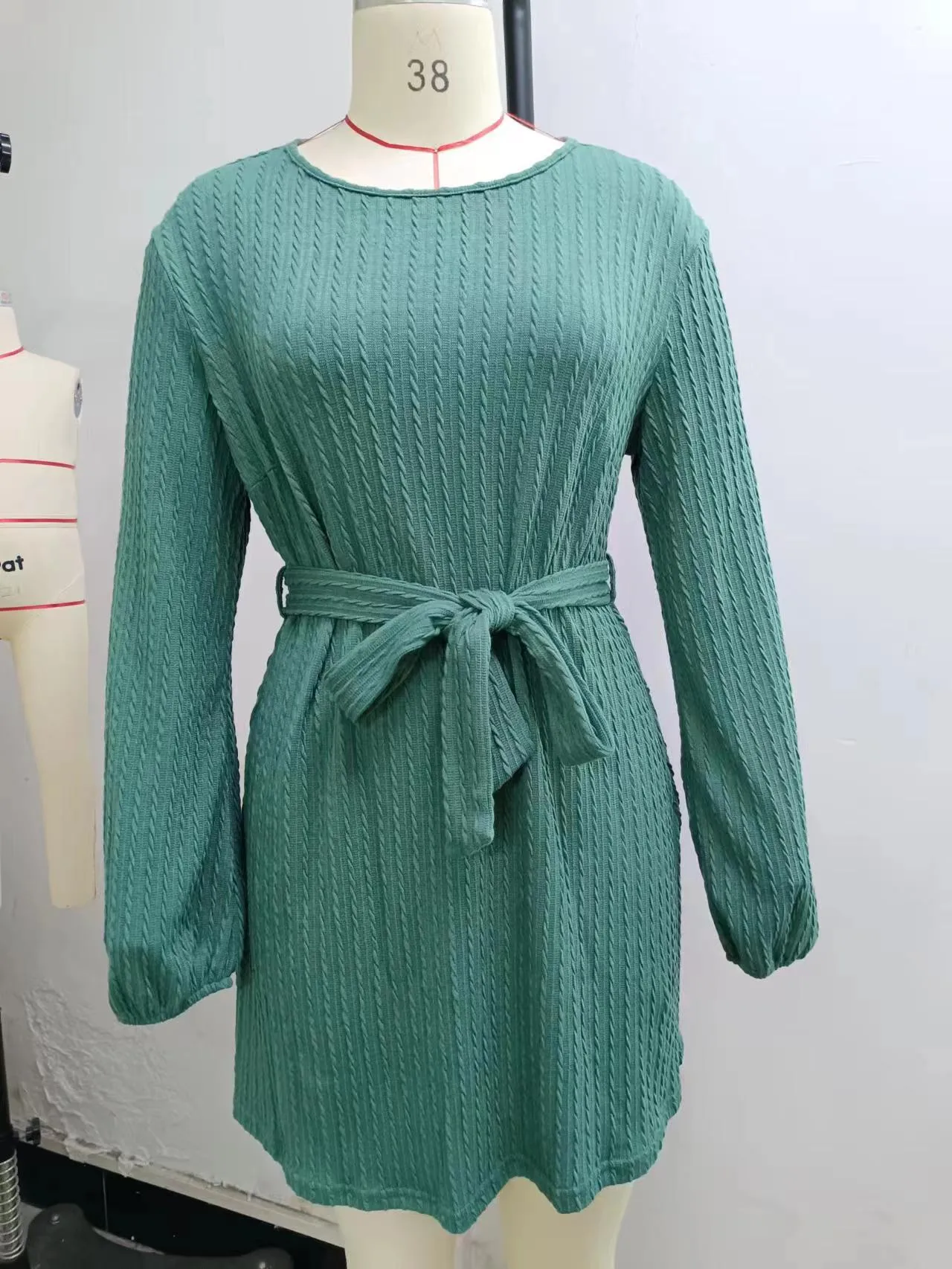 Autumn And Winter New Casual Knitted Dress European Ladies Fashion Belt Long Sleeve Twist-Knot Ruffles Ankle-Length Dress display picture 27