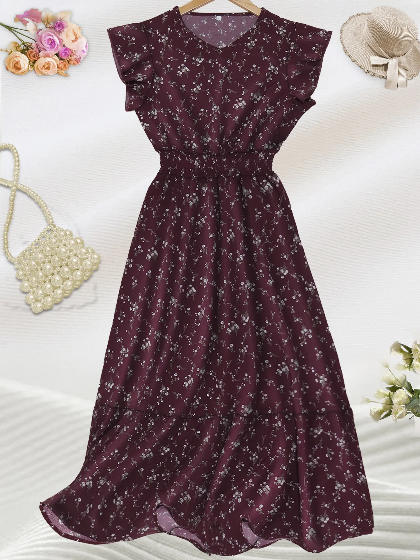 Elegant Floral Maxi Dress Women V-neck Pleated Waist Elastic A- Line Short Sleeve Dress Fashion Commuter Anklet Dress Dress display picture 2