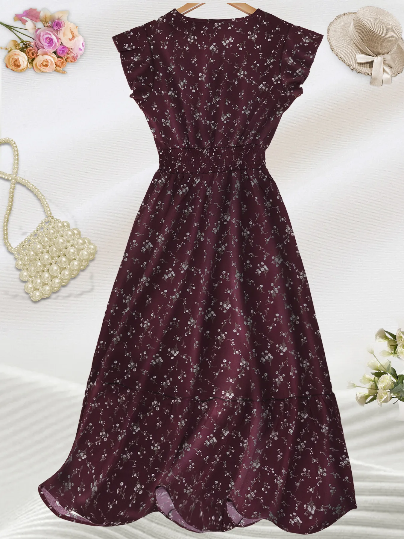 Elegant Floral Maxi Dress Women V-neck Pleated Waist Elastic A- Line Short Sleeve Dress Fashion Commuter Anklet Dress Dress display picture 3
