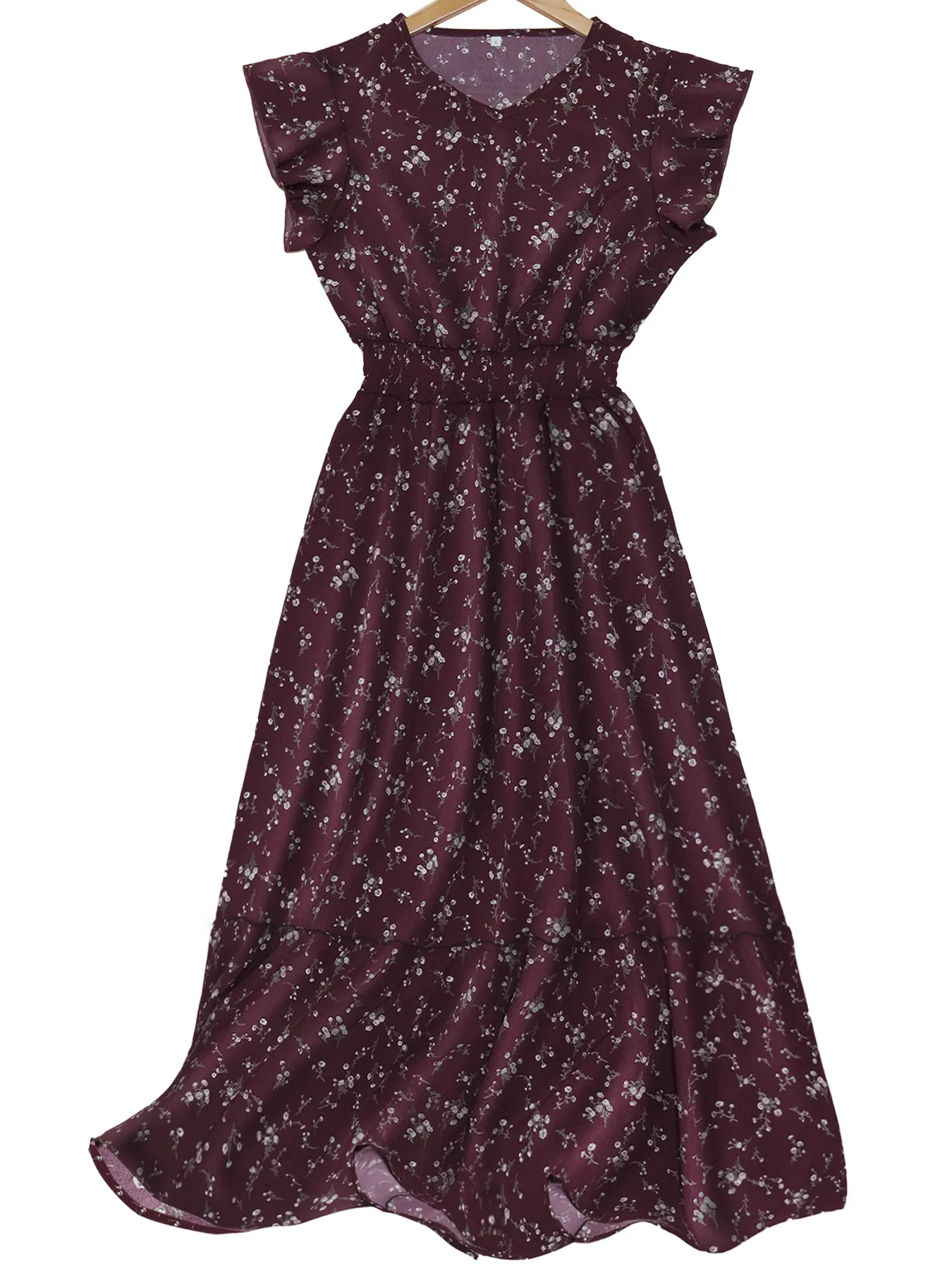 Elegant Floral Maxi Dress Women V-neck Pleated Waist Elastic A- Line Short Sleeve Dress Fashion Commuter Anklet Dress Dress display picture 4