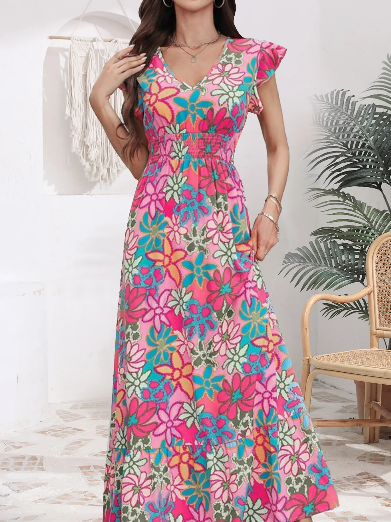 Summer New Sweet Floral Print Mini Dress  Style Holiday Fashion V-neck Sleeveless Elegant Ankle Length display picture 2