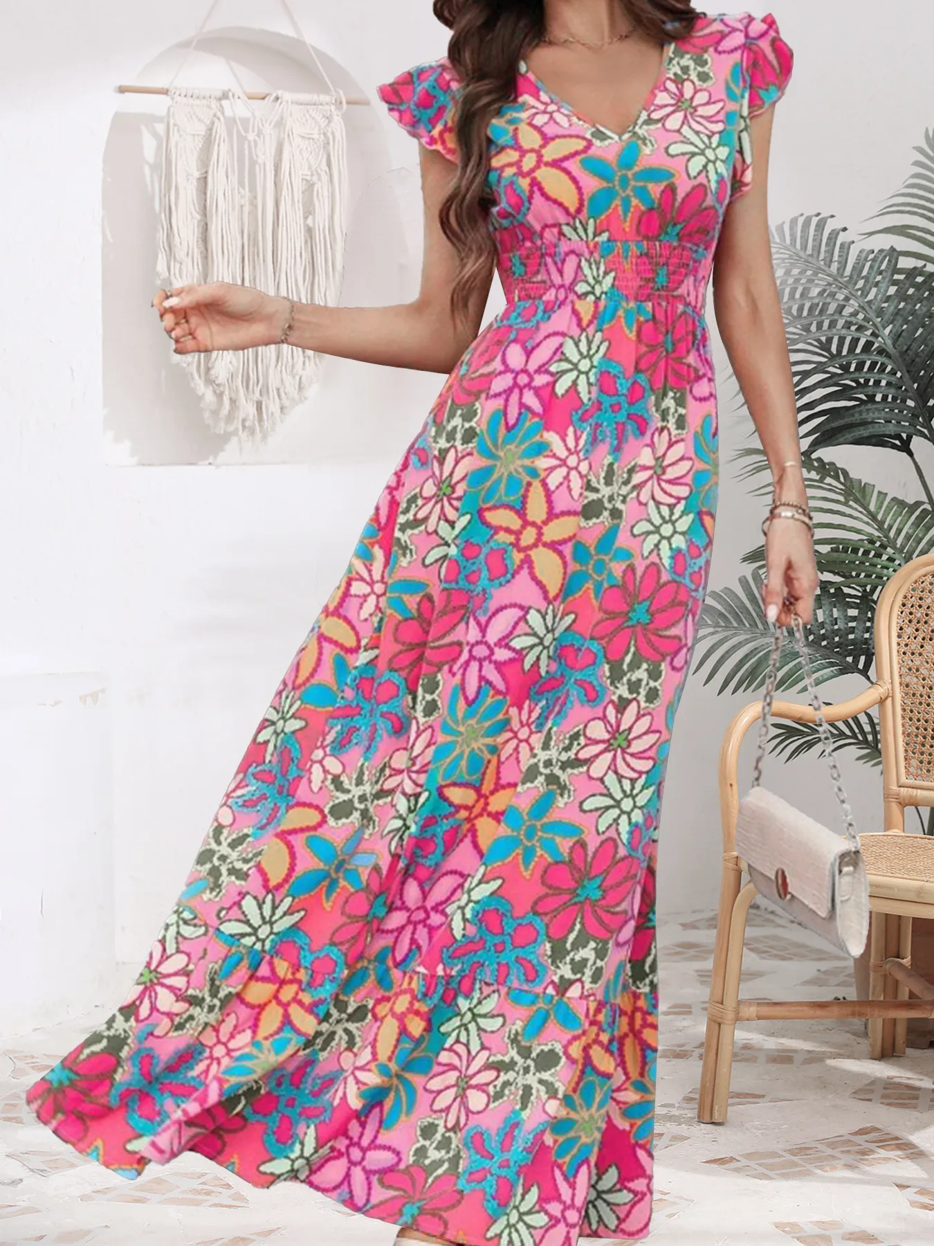 Summer New Sweet Floral Print Mini Dress  Style Holiday Fashion V-neck Sleeveless Elegant Ankle Length display picture 5