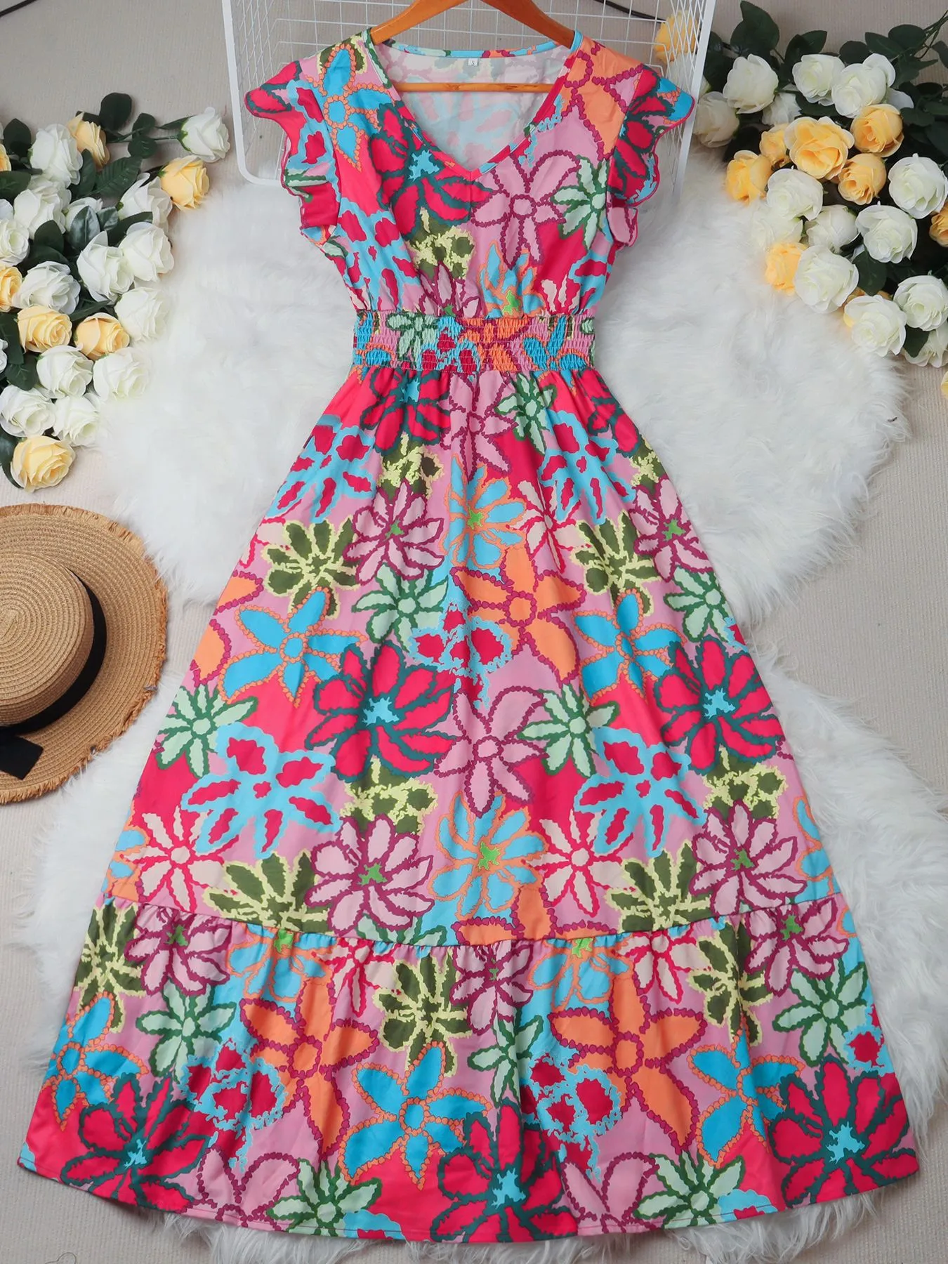 Summer New Sweet Floral Print Mini Dress  Style Holiday Fashion V-neck Sleeveless Elegant Ankle Length display picture 8