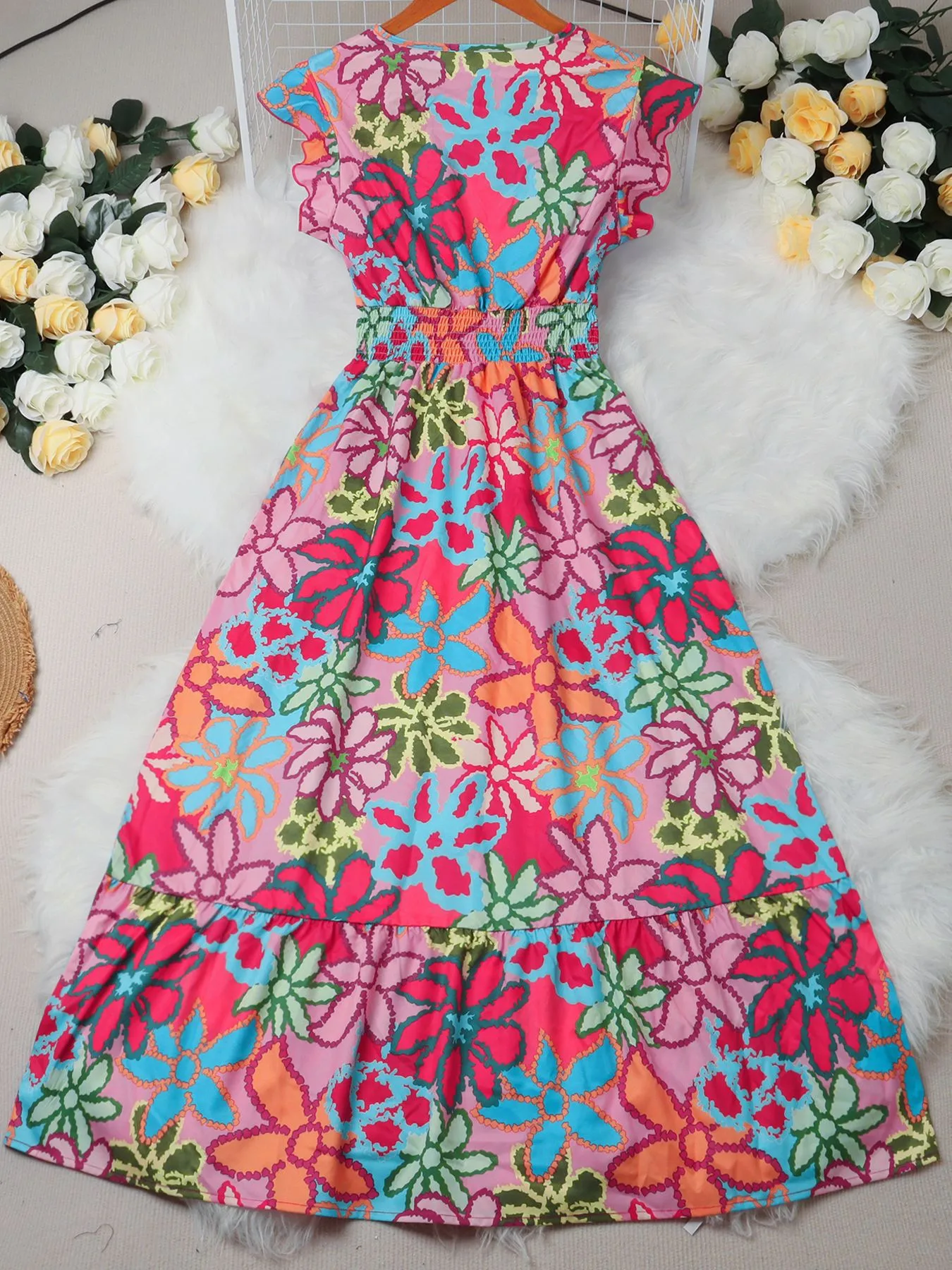 Summer New Sweet Floral Print Mini Dress  Style Holiday Fashion V-neck Sleeveless Elegant Ankle Length display picture 9