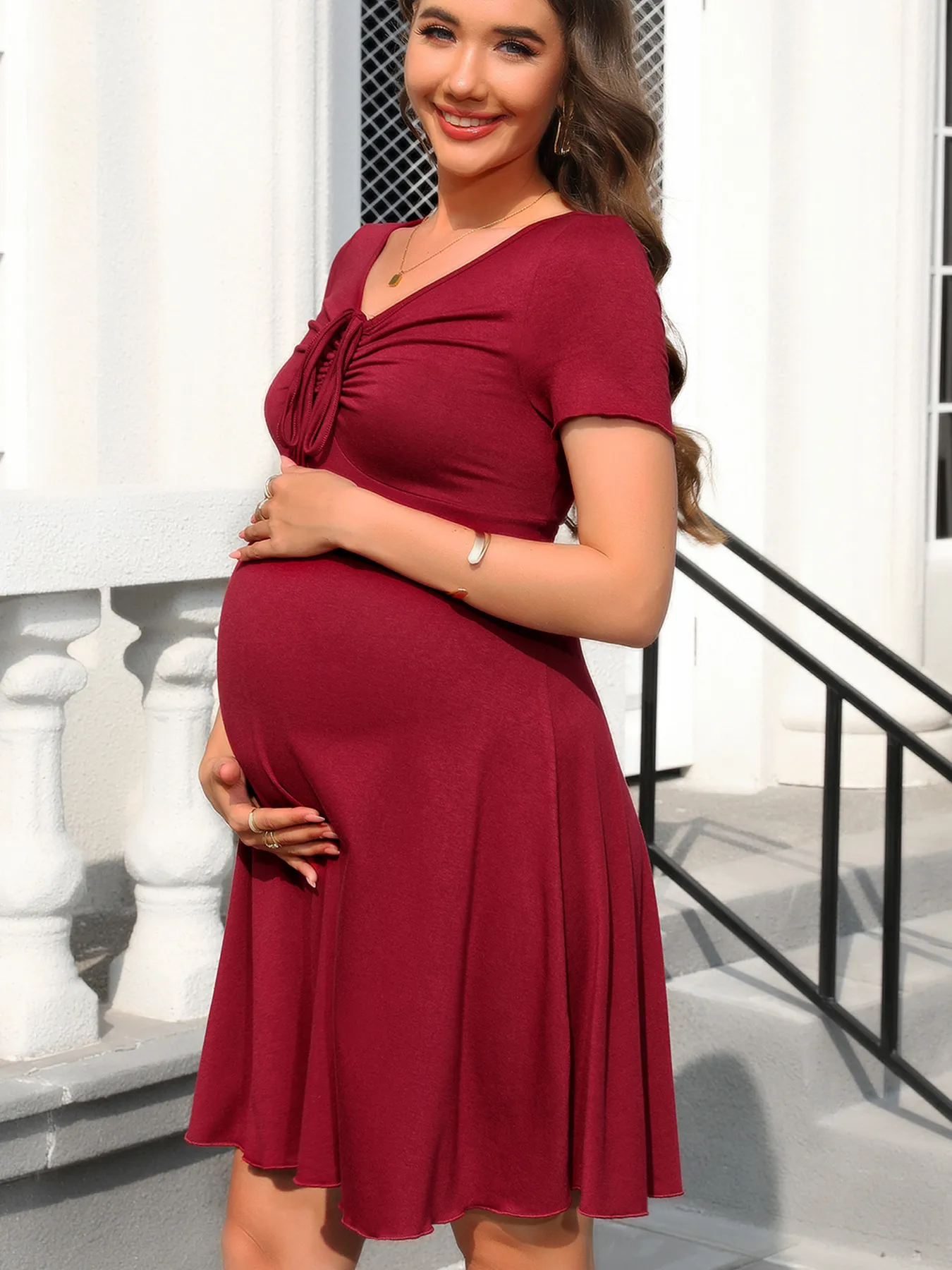 Fashion Style Maternity Dress With Drawstring V-neck Short Sleeve Full Ruffled Hem Cotton Rayon Blend Knee-Length Dress display picture 3