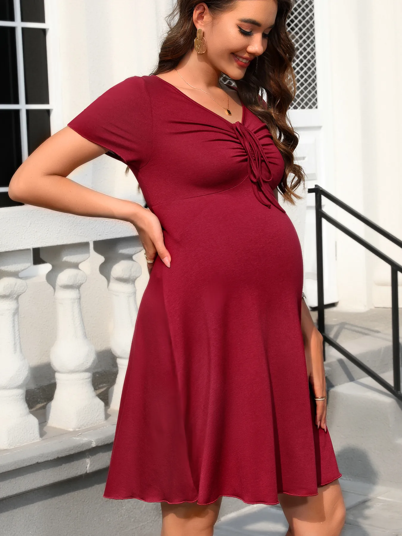 Fashion Style Maternity Dress With Drawstring V-neck Short Sleeve Full Ruffled Hem Cotton Rayon Blend Knee-Length Dress display picture 4