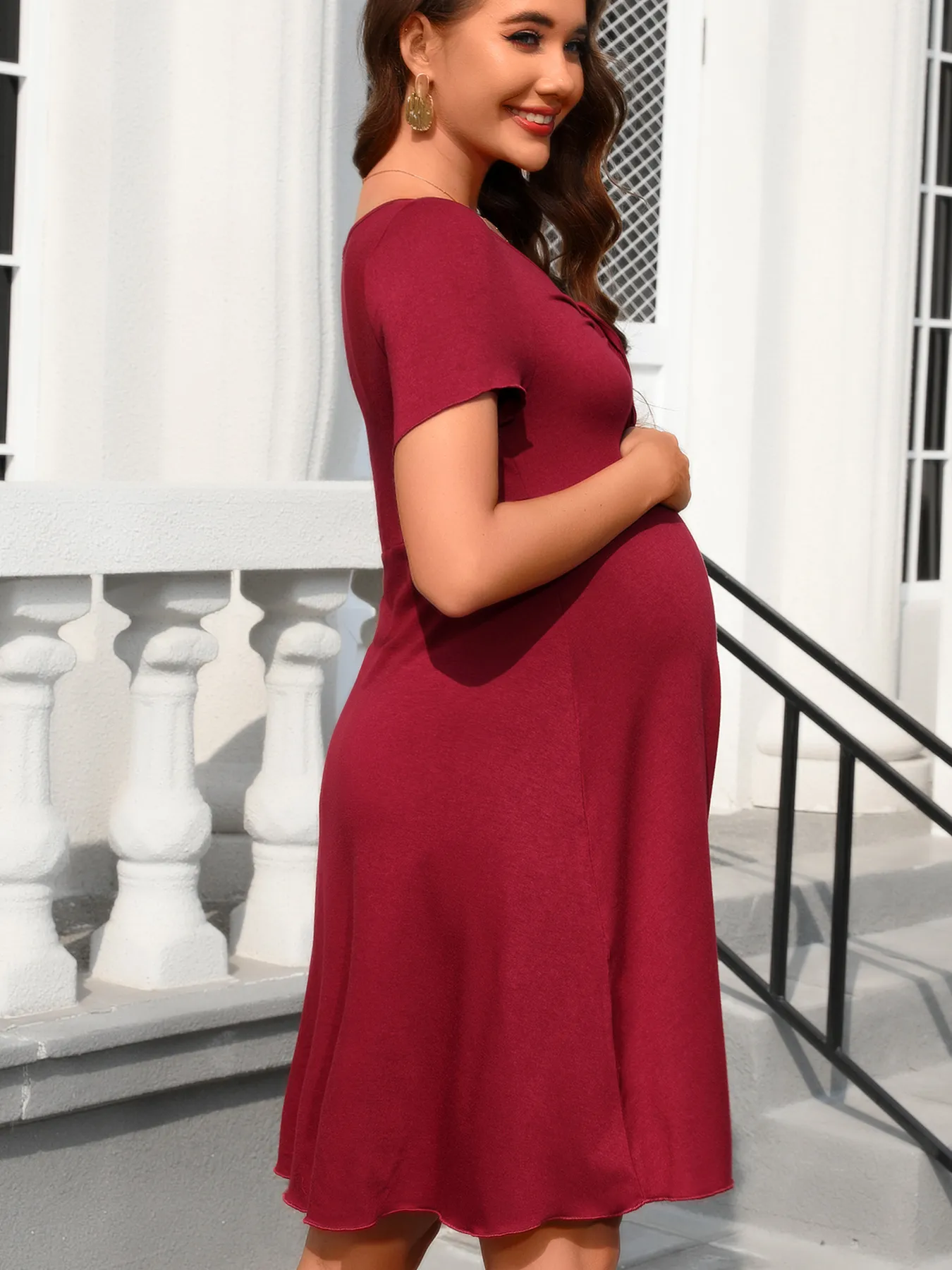 Fashion Style Maternity Dress With Drawstring V-neck Short Sleeve Full Ruffled Hem Cotton Rayon Blend Knee-Length Dress display picture 6