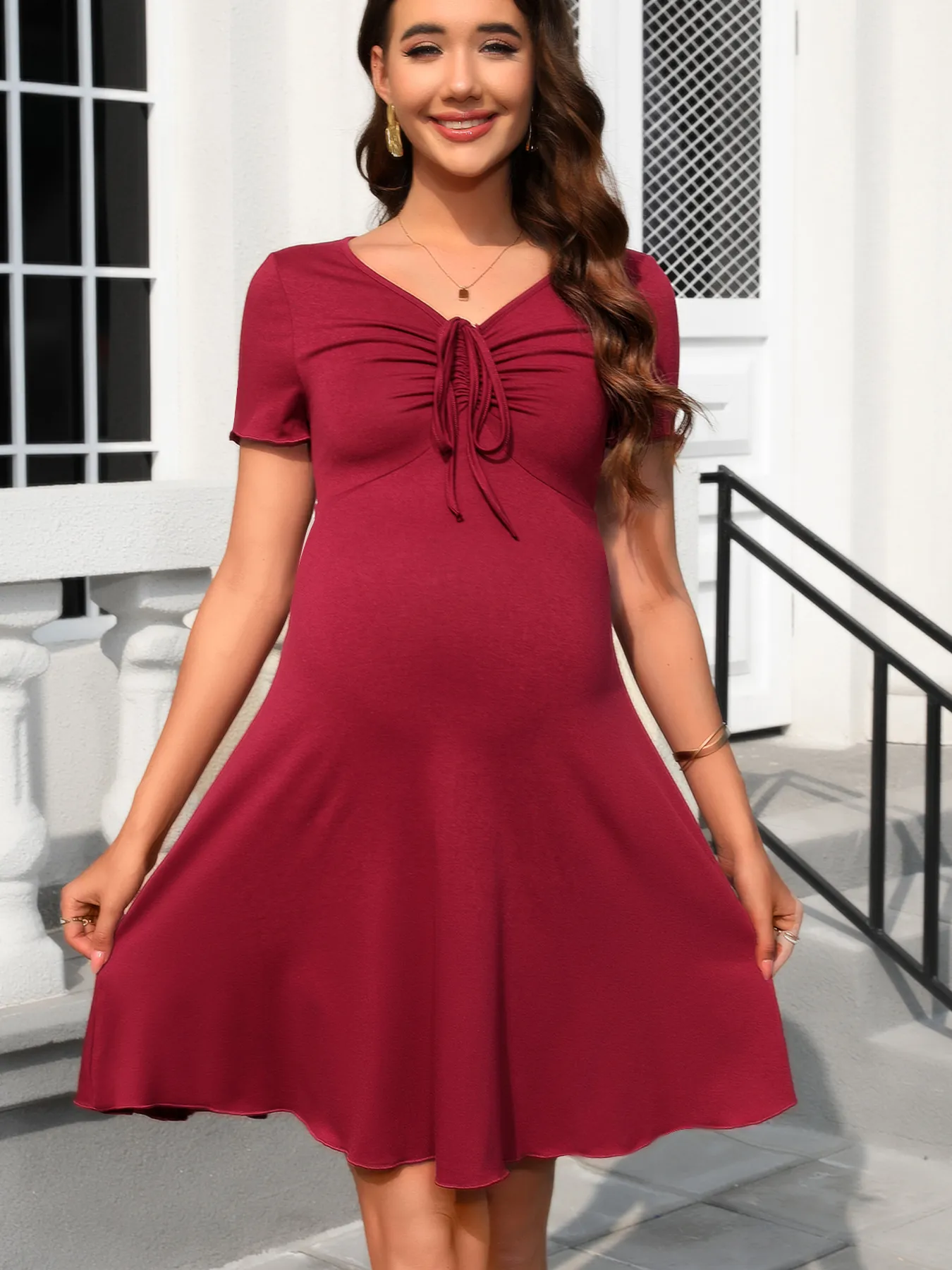 Fashion Style Maternity Dress With Drawstring V-neck Short Sleeve Full Ruffled Hem Cotton Rayon Blend Knee-Length Dress display picture 7
