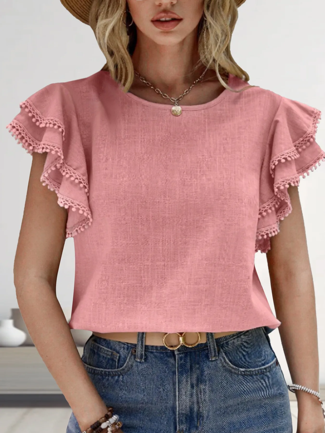 Casual Loose-Fitting Women's Round Neck Short Sleeve Batwing Shirt Summer Casual European Elegant Commuter Polyester Fabric Top display picture 2