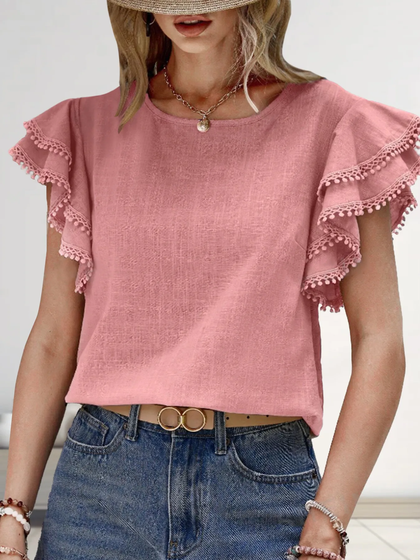 Casual Loose-Fitting Women's Round Neck Short Sleeve Batwing Shirt Summer Casual European Elegant Commuter Polyester Fabric Top display picture 3