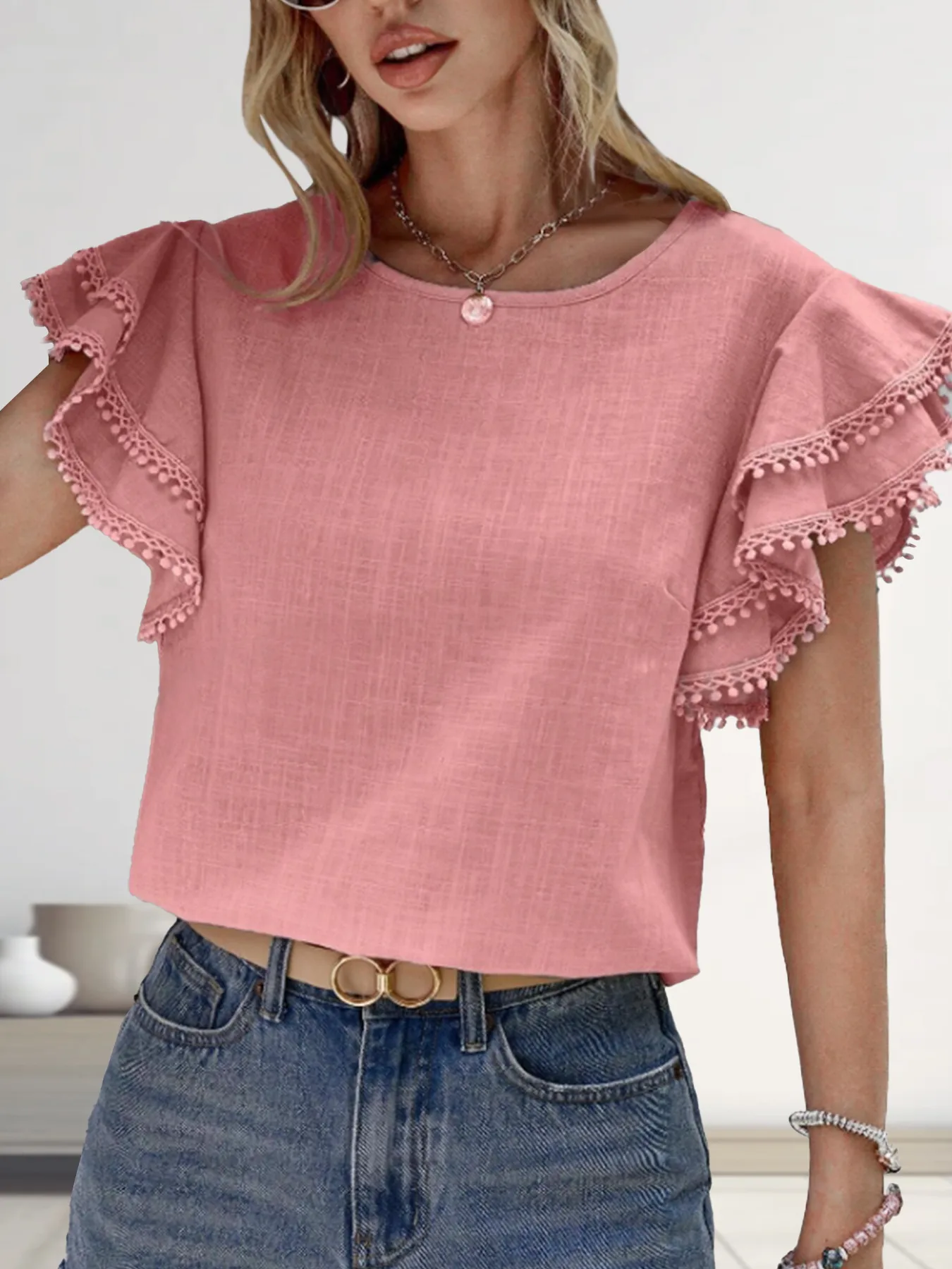 Casual Loose-Fitting Women's Round Neck Short Sleeve Batwing Shirt Summer Casual European Elegant Commuter Polyester Fabric Top display picture 5