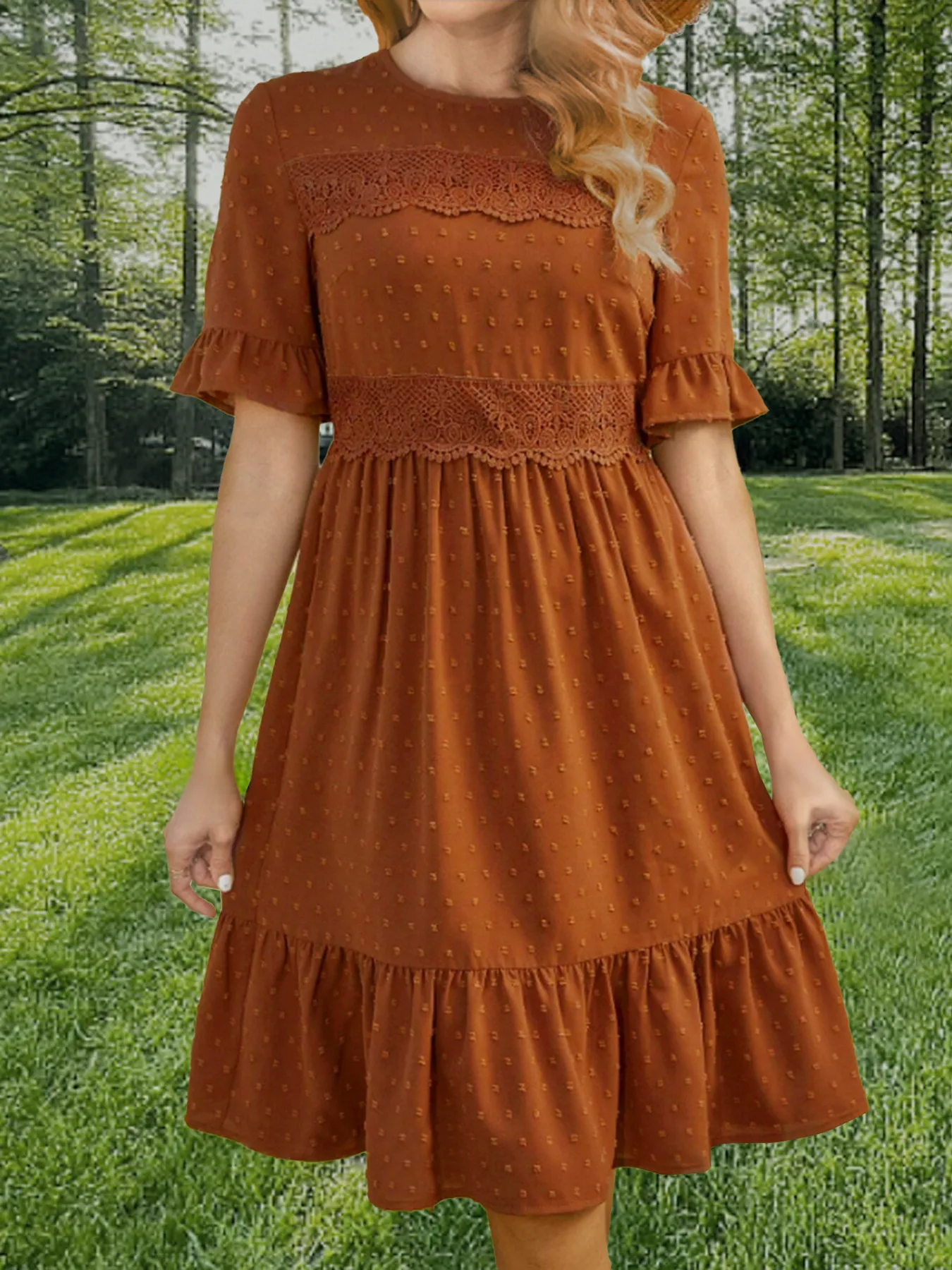 Elegant Round Neck Lace Stitching Solid Color Spring And Summer New Women's Dress Gore Skirt Short Sleeve Mid-Length Dress Dress Commuter Quality display picture 4