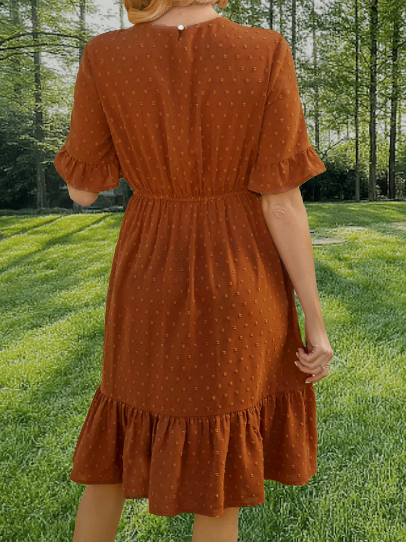 Elegant Round Neck Lace Stitching Solid Color Spring And Summer New Women's Dress Gore Skirt Short Sleeve Mid-Length Dress Dress Commuter Quality display picture 6