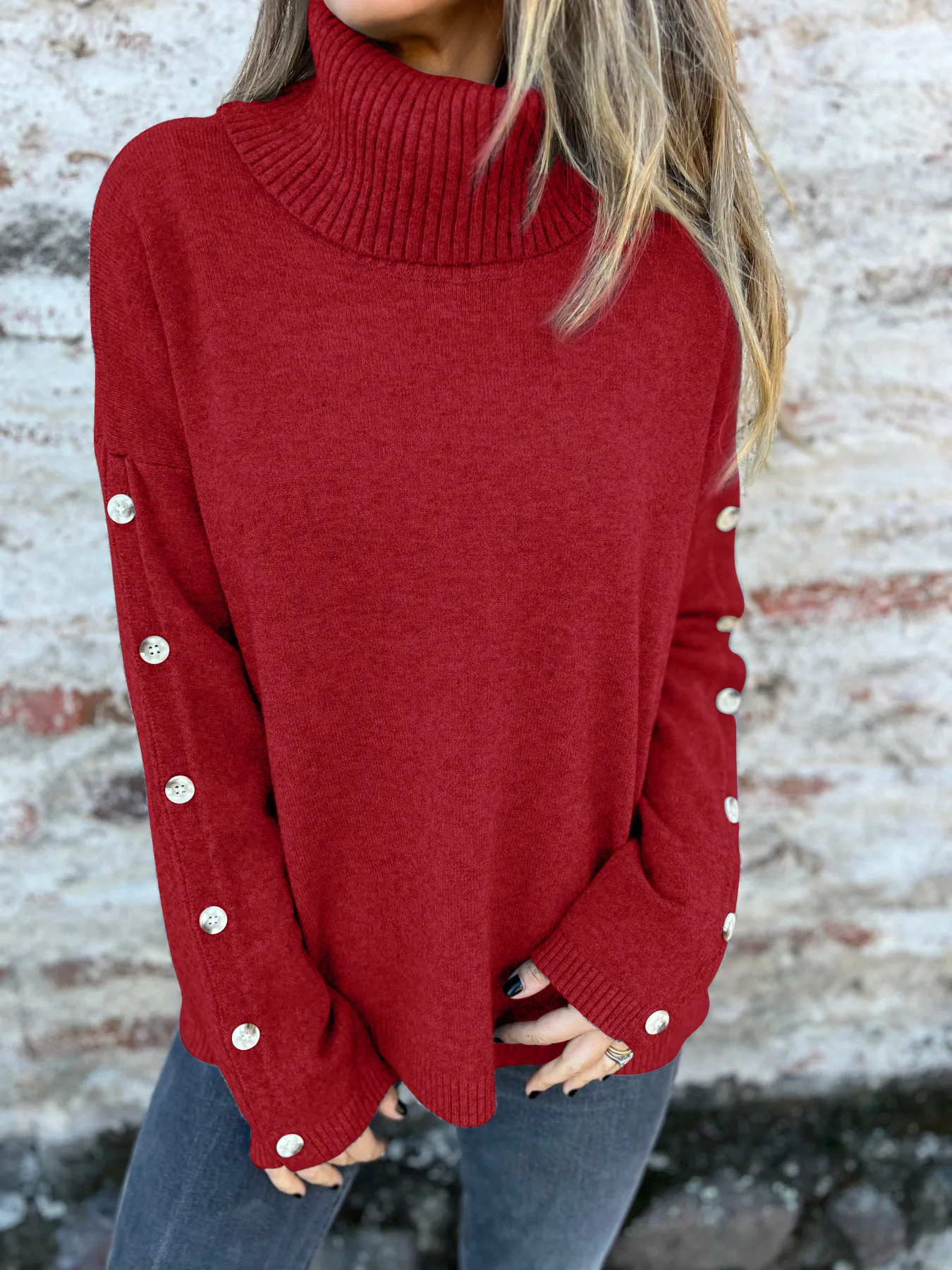 Casual Turtleneck Button Women's Knitwear Cotton Spandex Long Sleeve Solid Color Autumn And Winter New  Style display picture 11