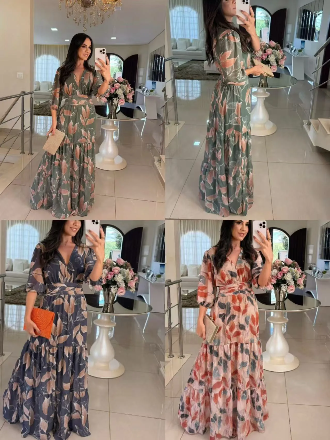 Elegant Long Printed Dress V-neck Women's Fashion Summer New  Style Sleeve Lantern Half Sleeve Length display picture 1