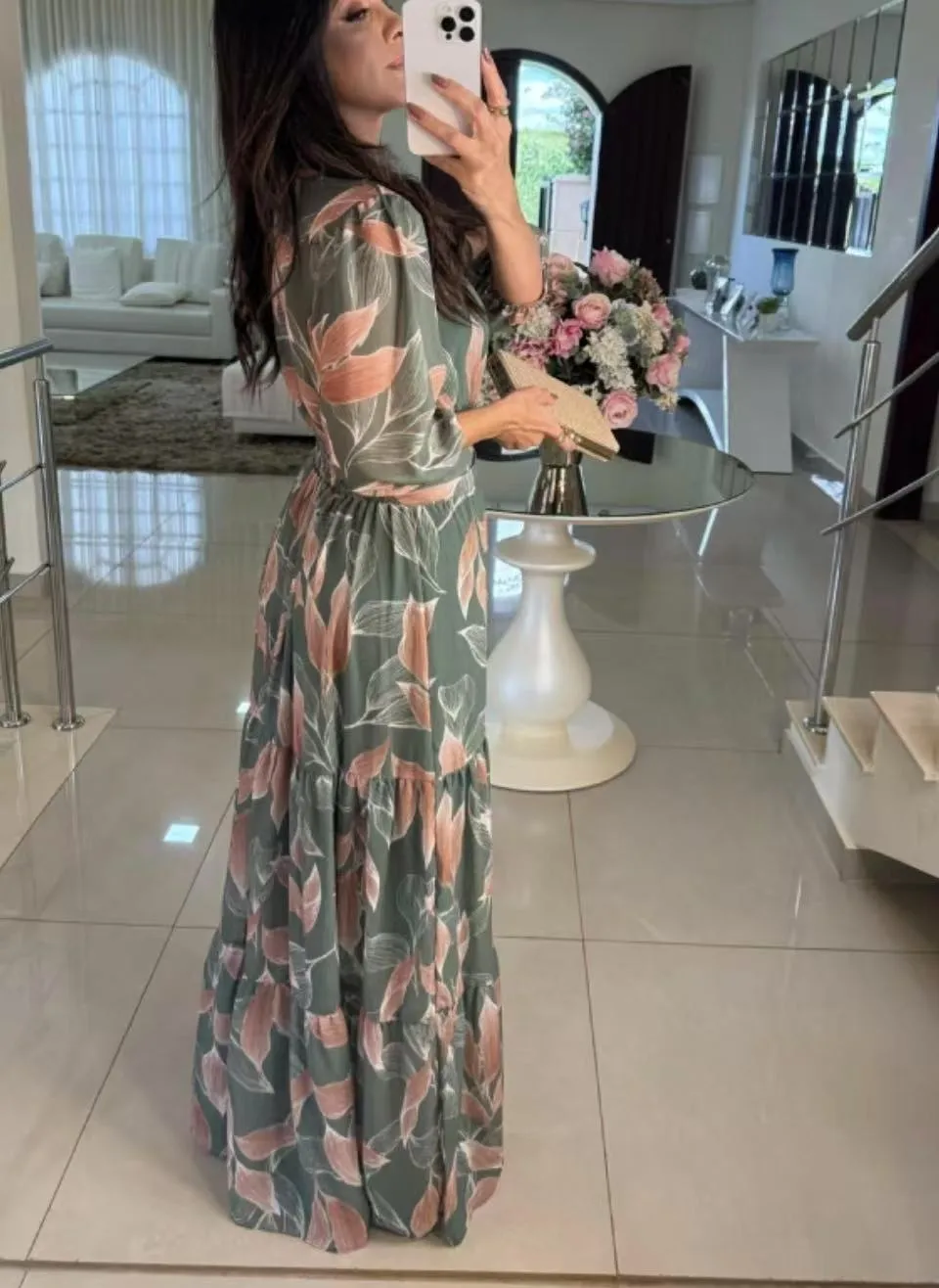 Elegant Long Printed Dress V-neck Women's Fashion Summer New  Style Sleeve Lantern Half Sleeve Length display picture 2