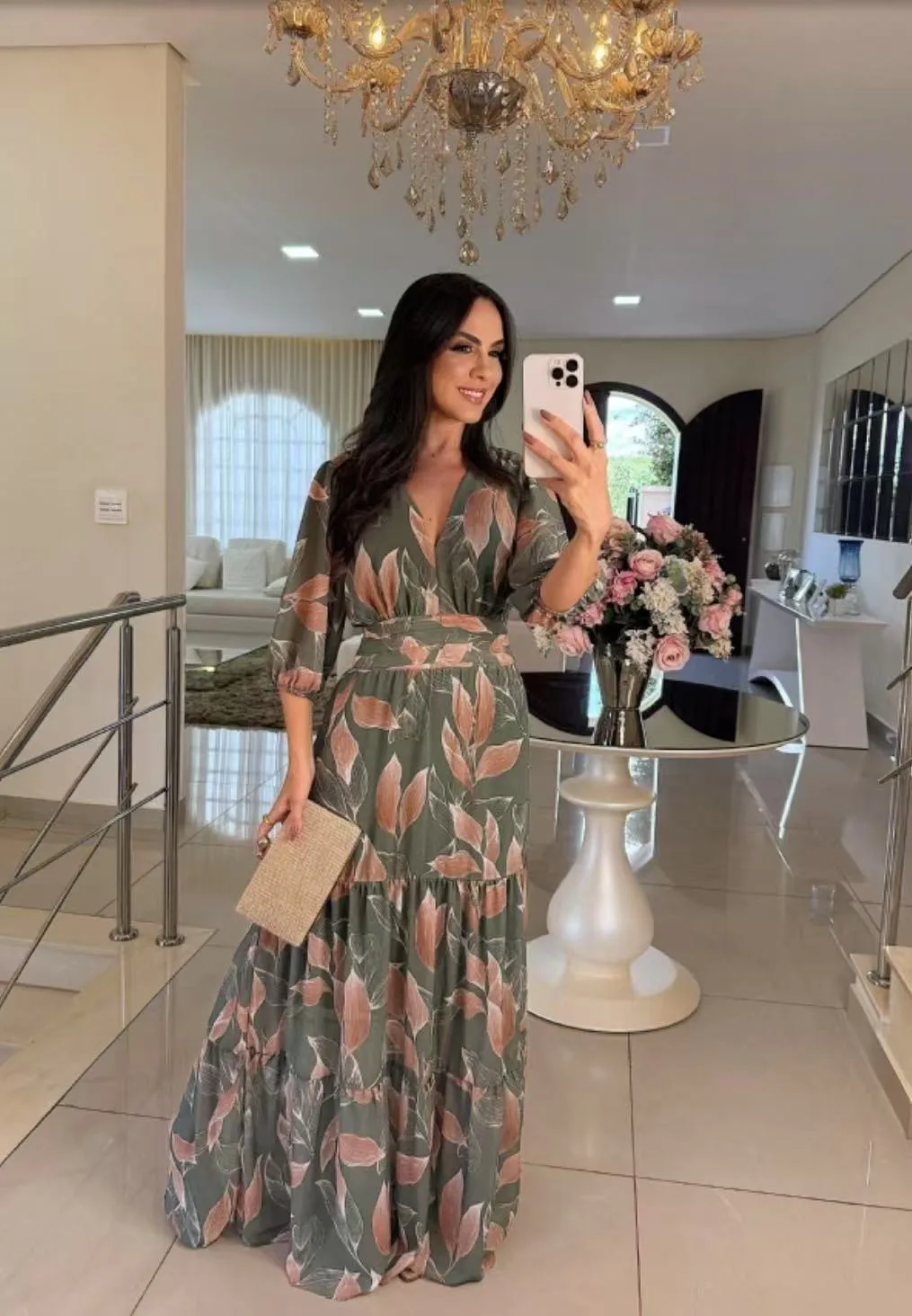 Elegant Long Printed Dress V-neck Women's Fashion Summer New  Style Sleeve Lantern Half Sleeve Length display picture 3
