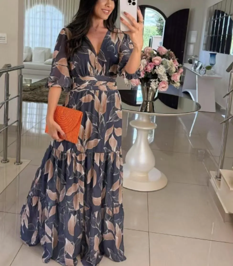 Elegant Long Printed Dress V-neck Women's Fashion Summer New  Style Sleeve Lantern Half Sleeve Length display picture 4
