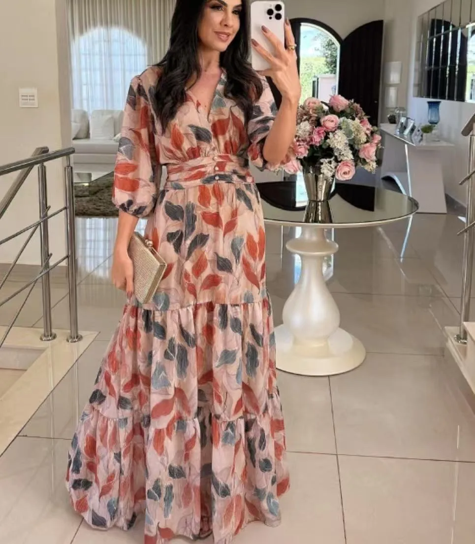 Elegant Long Printed Dress V-neck Women's Fashion Summer New  Style Sleeve Lantern Half Sleeve Length display picture 5