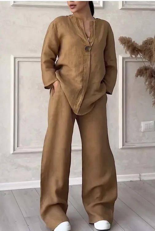 Fashion Solid Color Cotton Linen Women Casual Suit Pants Elegant Commuter Style Long Sleeve Pocket Characteristic Casual Suit display picture 3