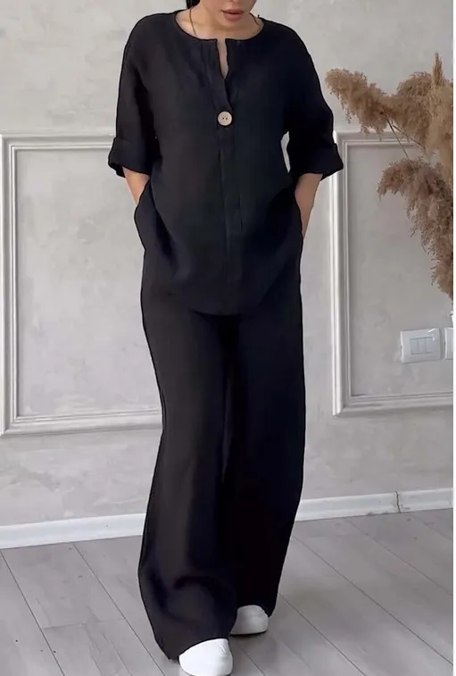 Fashion Solid Color Cotton Linen Women Casual Suit Pants Elegant Commuter Style Long Sleeve Pocket Characteristic Casual Suit display picture 4