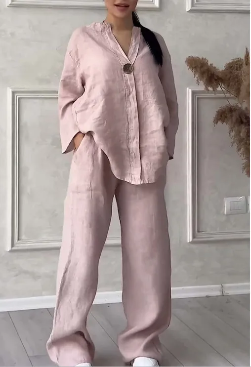 Fashion Solid Color Cotton Linen Women Casual Suit Pants Elegant Commuter Style Long Sleeve Pocket Characteristic Casual Suit display picture 6