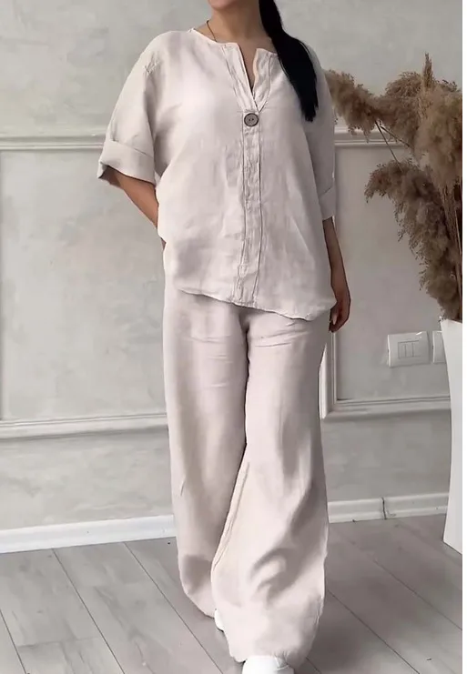 Fashion Solid Color Cotton Linen Women Casual Suit Pants Elegant Commuter Style Long Sleeve Pocket Characteristic Casual Suit display picture 7