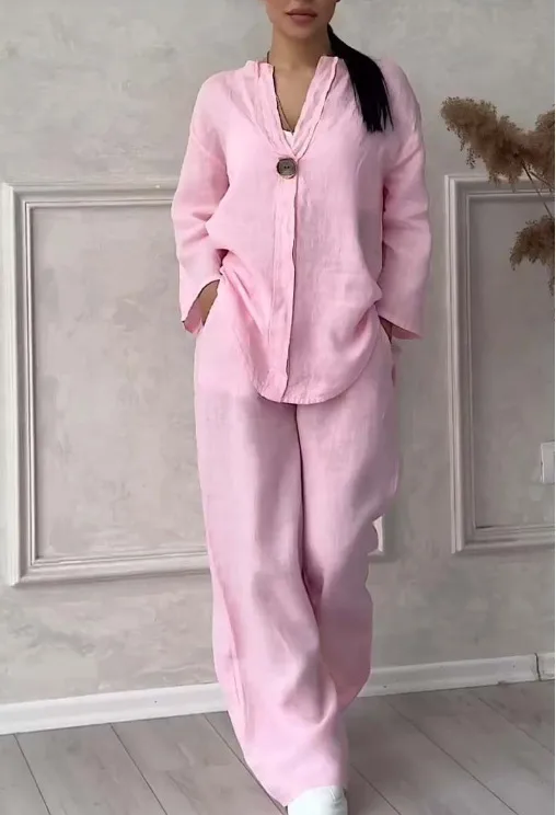 Fashion Solid Color Cotton Linen Women Casual Suit Pants Elegant Commuter Style Long Sleeve Pocket Characteristic Casual Suit display picture 9