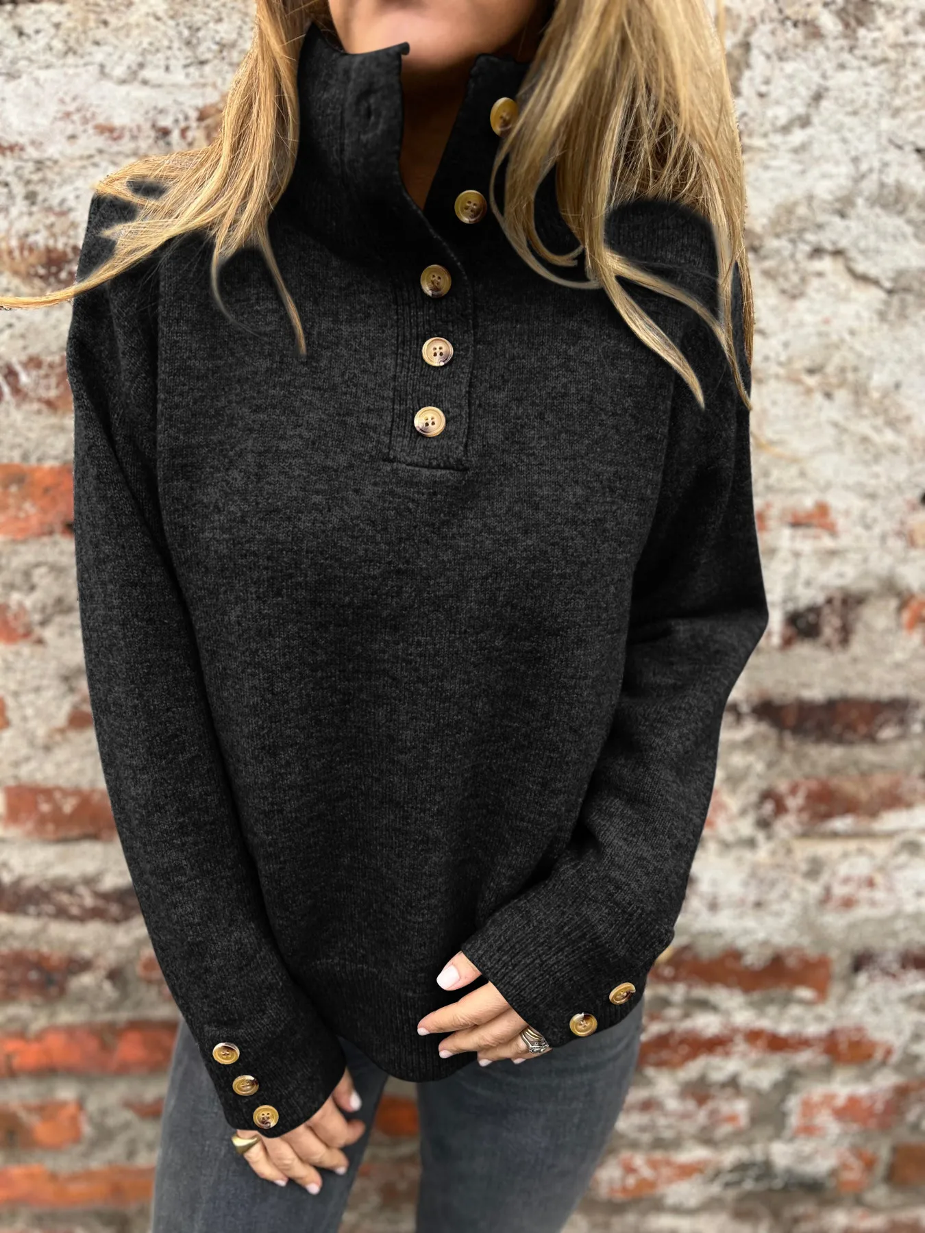 Casual Knitted Sweater Solid Color Buttons Stand Collar Loose Design Autumn And Winter New Comfort Cotton Blend Long Sleeve display picture 10