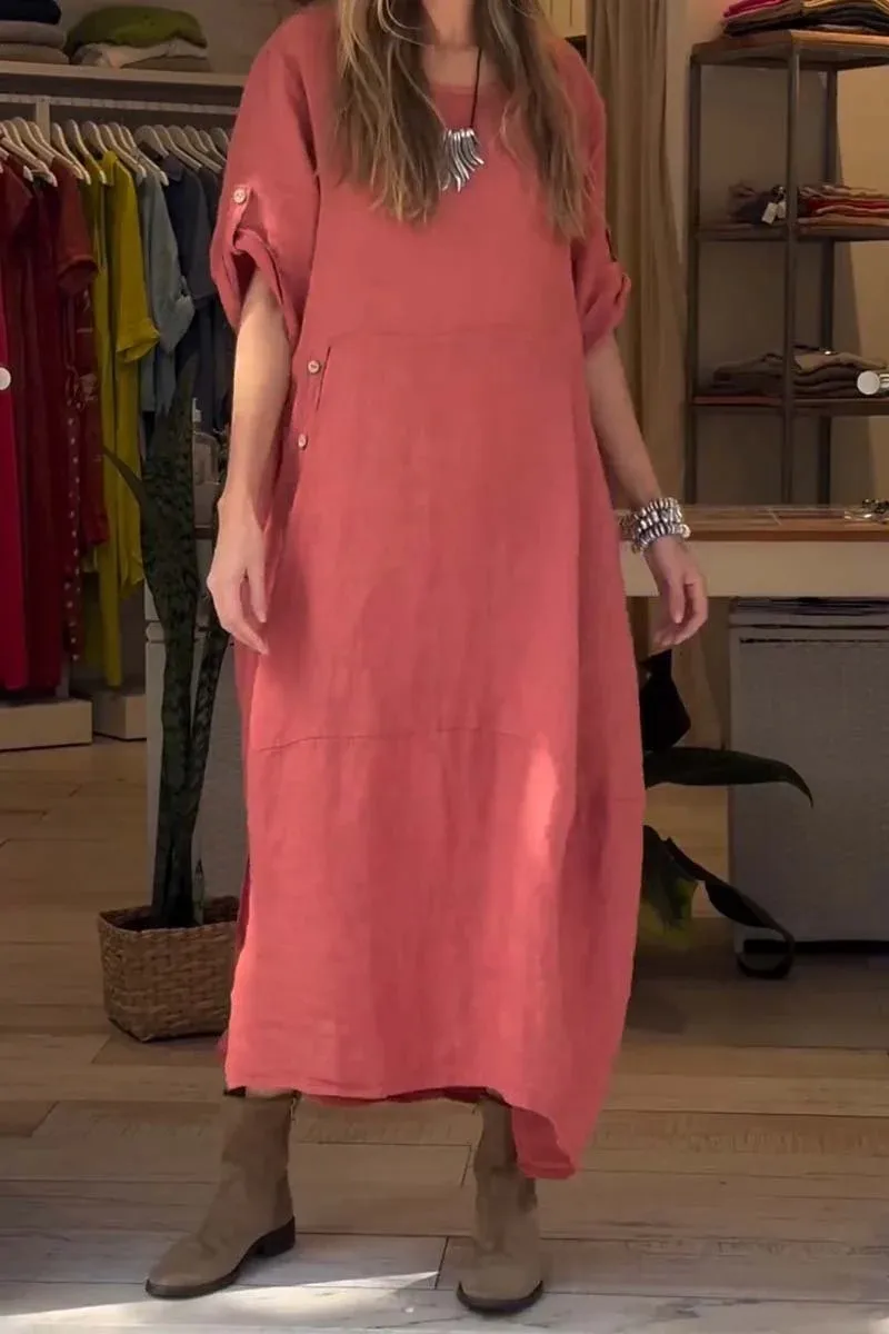 New Ladies Summer Loose Casual Solid Color Short Sleeve Cotton Linen Dress Elegant Commuter Style Ankle-Length Dress display picture 1
